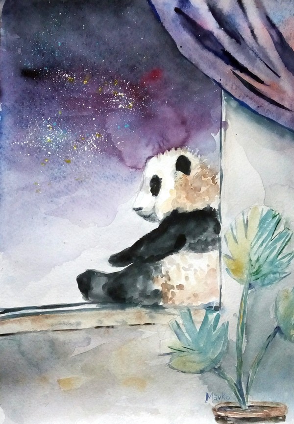 baby panda) - Space, My, Panda, Watercolor