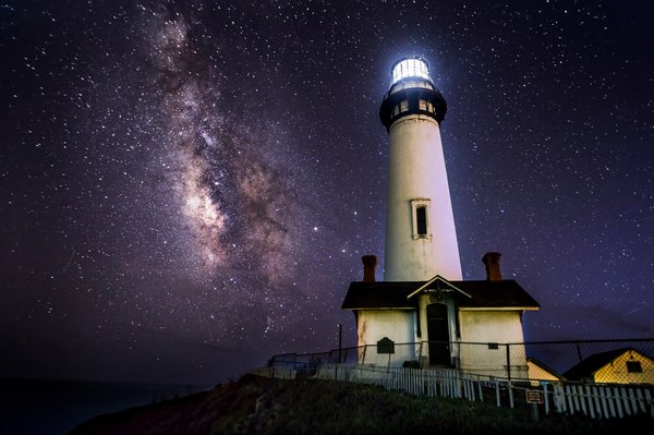 The central part of the Milky Way and the Pigeon Point Lighthouse in Pescadero, California. - Milky Way, Photo, beauty, Nature, Space