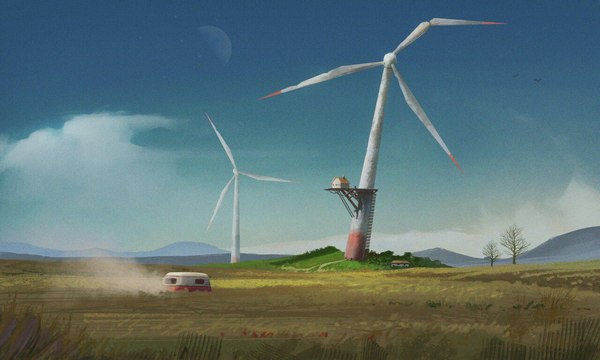 It's so simple... but nothing in principle =) - My, Post apocalypse, Retro, Art, Images, Windmill, Nature, Field, Clouds, Wind generator