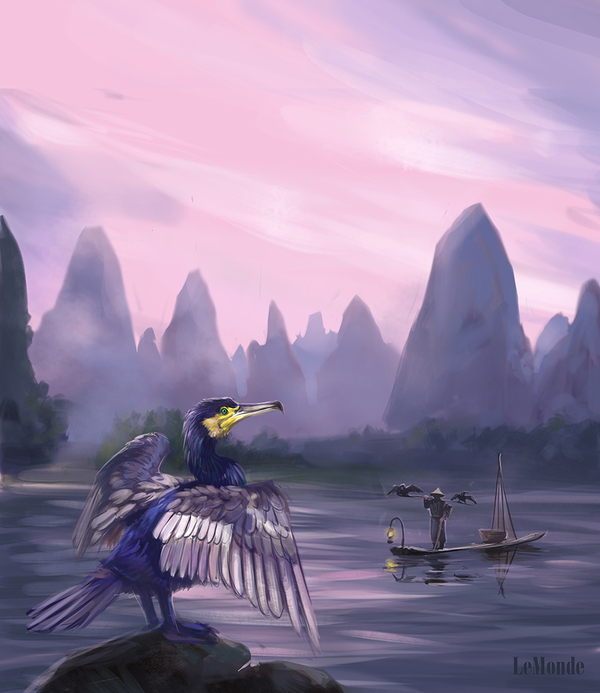 Sketch.Cormorant.1 hour - My, Art, Sketch, Cormorants, Fishing