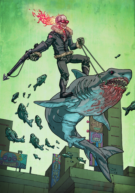 Ghost Rider riding a shark
