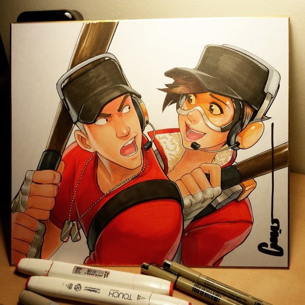 Scout and Tracer, by Omar-Dogan - Omar Dogan, DeviantArt, Арт, Overwatch, Team Fortress 2