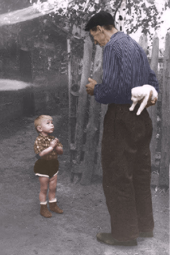 Answer to # - Photo, Photoshop master, Photoshop god, Straight arms, Colorization, The photo, Dog, Puppies, Children, Presents, Children's happiness, , Parents and children, Old photo