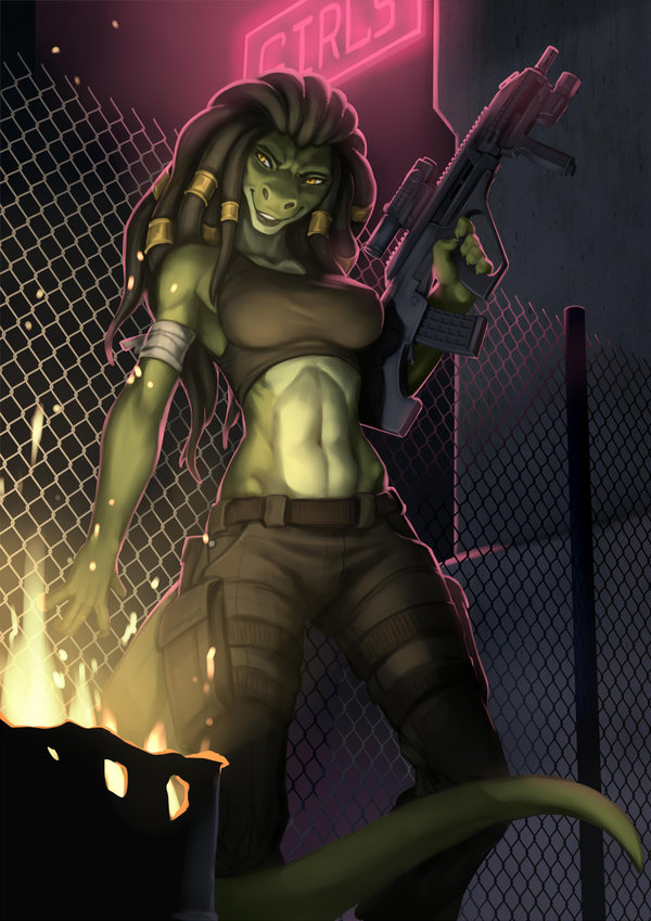 Queen of the night streets - Wolfy-Nail, Art, Reptiles, Anthro, Furry, Weapon, Furry scalie