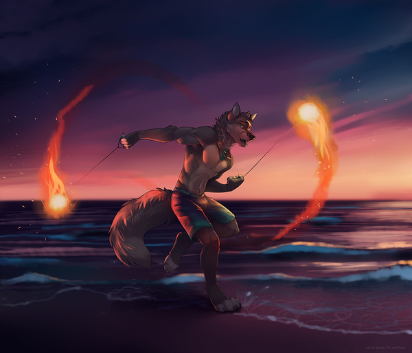 Fire show - Wolf, Furry, Art, Koul fardreamer, Fire show, Wave