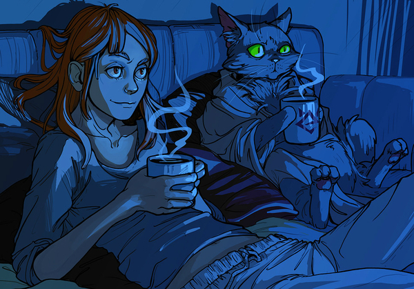 Haven't you seen this movie before? - Digital, cat, Girls, Bed, Coffee, TV set, Art
