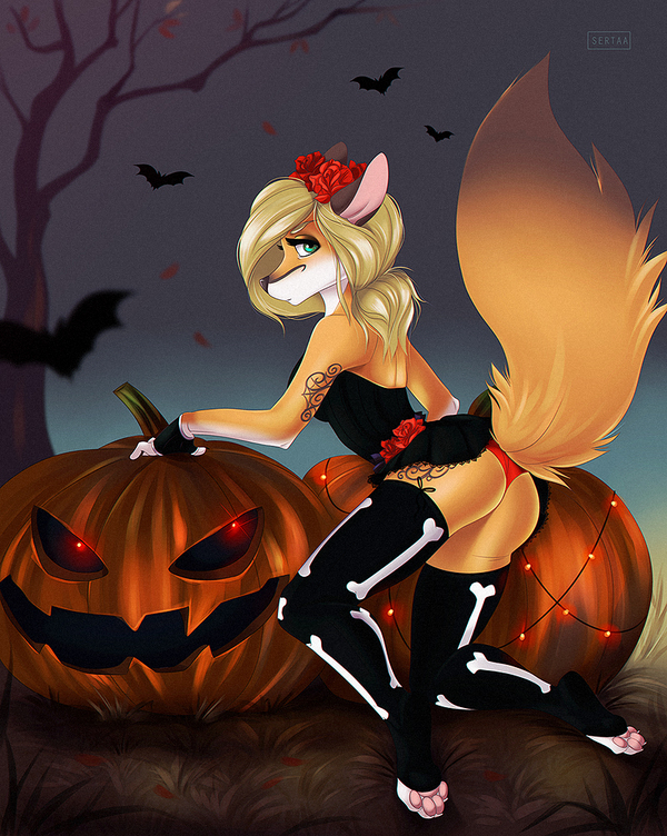 Halloween - NSFW, Pumpkin, Halloween, Sertaa, Night, Fox, Art, Furry, Furotica