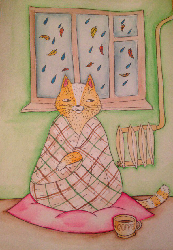 Kitten coziness - My, cat, Drawing, Watercolor, Coffee