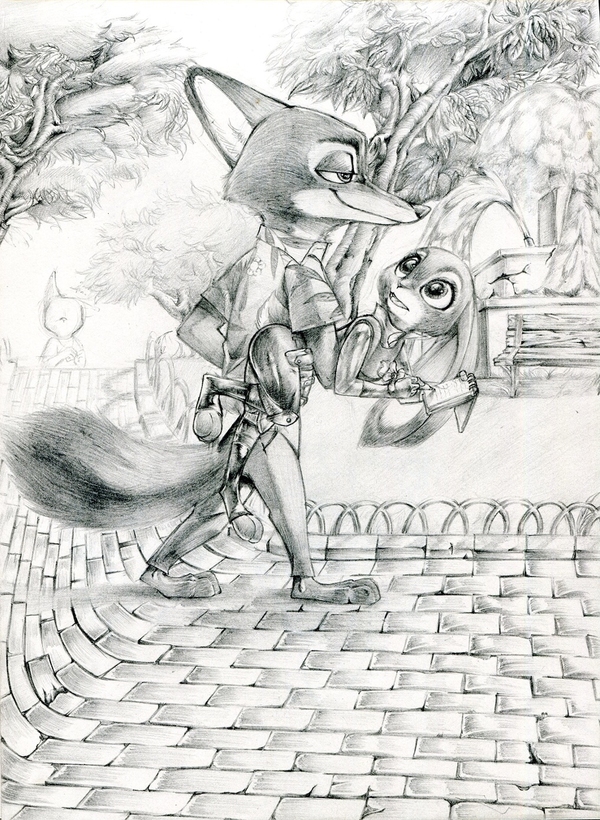 dragged her - Zootopia, Pencil, Nick and Judy, Nick wilde, Judy hopps, Drawing