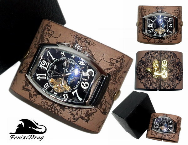 Genuine leather bracelet with dragons and watch - My, A bracelet, The Dragon, Clock, , Steampunk, Fashion, Style