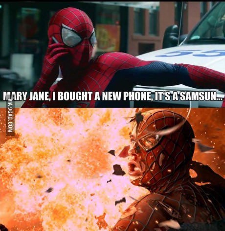 Mary Jane, I bought a new phone, it's a Samsung.... - Humor, , Samsung, Spider-man, Spiderman, Explosion, 9GAG