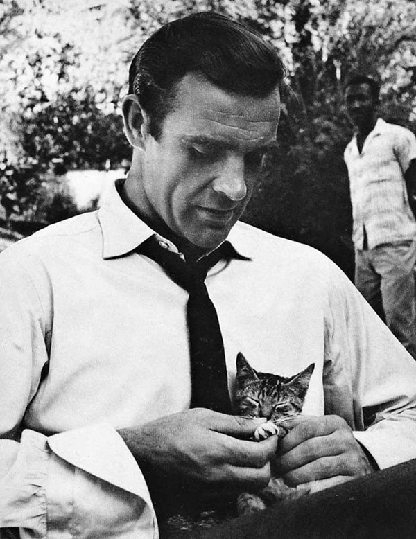 Sean Connery with a cat on the set of Dr. No (1962) - cat, Sean Connery, The photo, Behind the scenes, Movies