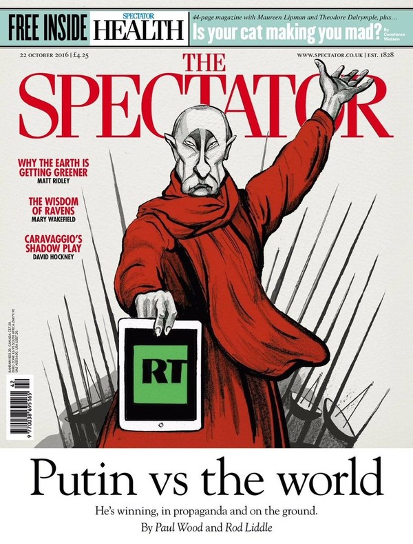 Spectator magazine put on the cover a collage Motherland Calls with Putin and RT - Politics, , Western media, Inotv, Moscow, Vladimir Putin, Wikileaks, Russia today, Video, Longpost, Media and press