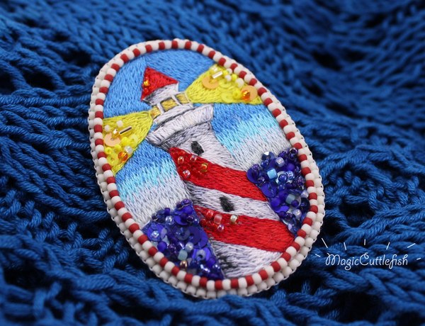 Brooch Lighthouse - My, Embroidery, Lighthouse, Sea