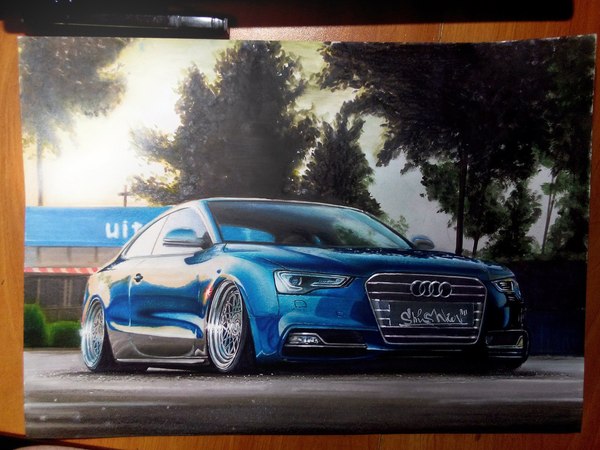 AUDI, A3 format, painted with markers, pencils and paints - My, Painting, Creation, Marker, Pencil, Paints, Audi, My