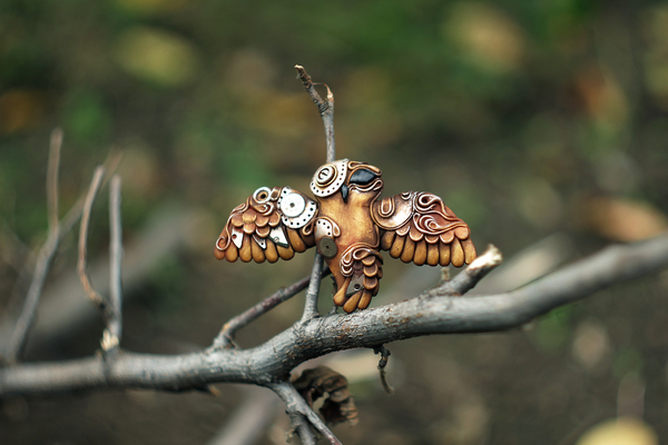 Technological owl. Suspension. - My, Polymer clay, Pendant, Owl, Biomechanics