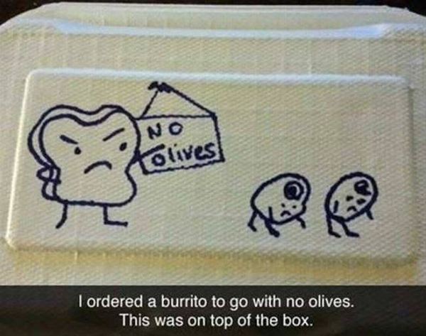 Ordered a burrito, asked for no olives, that's what was painted on the lid of the box - Olives, Order, Burrito