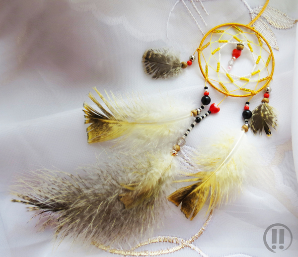 Dream catcher Sunny joy - My, My, Longpost, Feathers, Beads, Needlework, Dreamcatcher