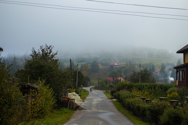 Autumn Carpathians - Morning, The mountains, Autumn, Fog, Sky, Road, My