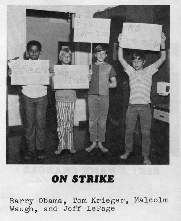 Barry Obama and his friends are on strike against homework. - Barack Obama, USA, Homework, School, Strike, Interesting