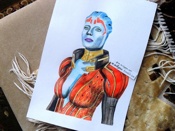 Justicar Samara (Mass Effect) - My, Drawing, Portrait, Watercolor pencils, Mass effect, Azari