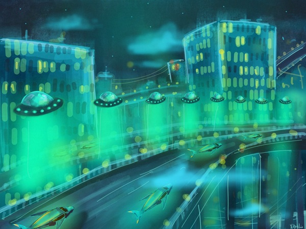 Night city - My, My, Illustrations, Night city, Imagination, Drawing, Digital drawing