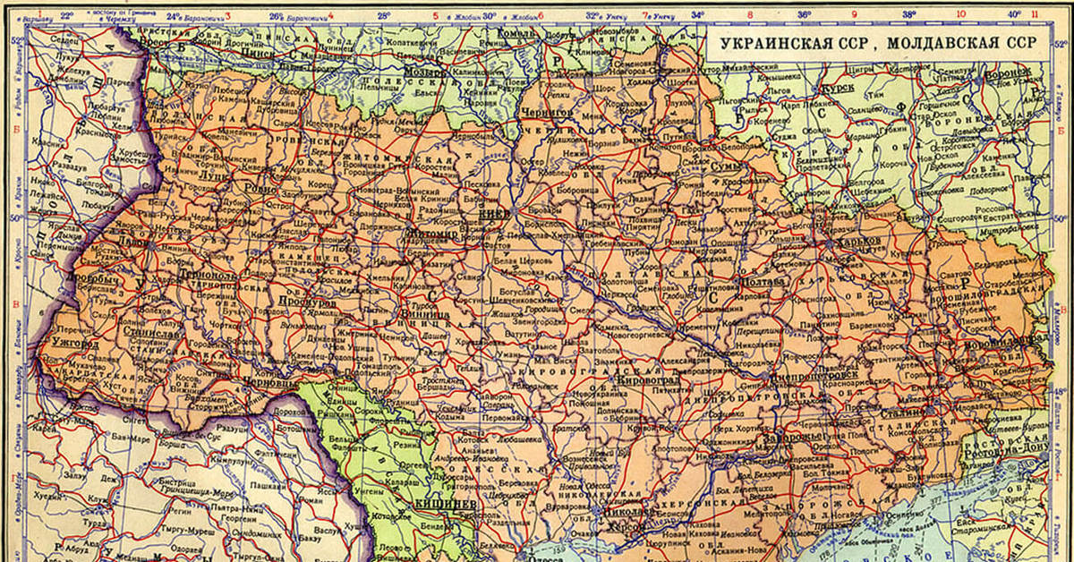 Карта украины до 1954 года по областям