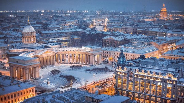 Bird's-eye... - Russia, Saint Petersburg, Kazan Cathedral, Saint Isaac's Cathedral, Singer House, Nevsky Prospect, Snow, Winter