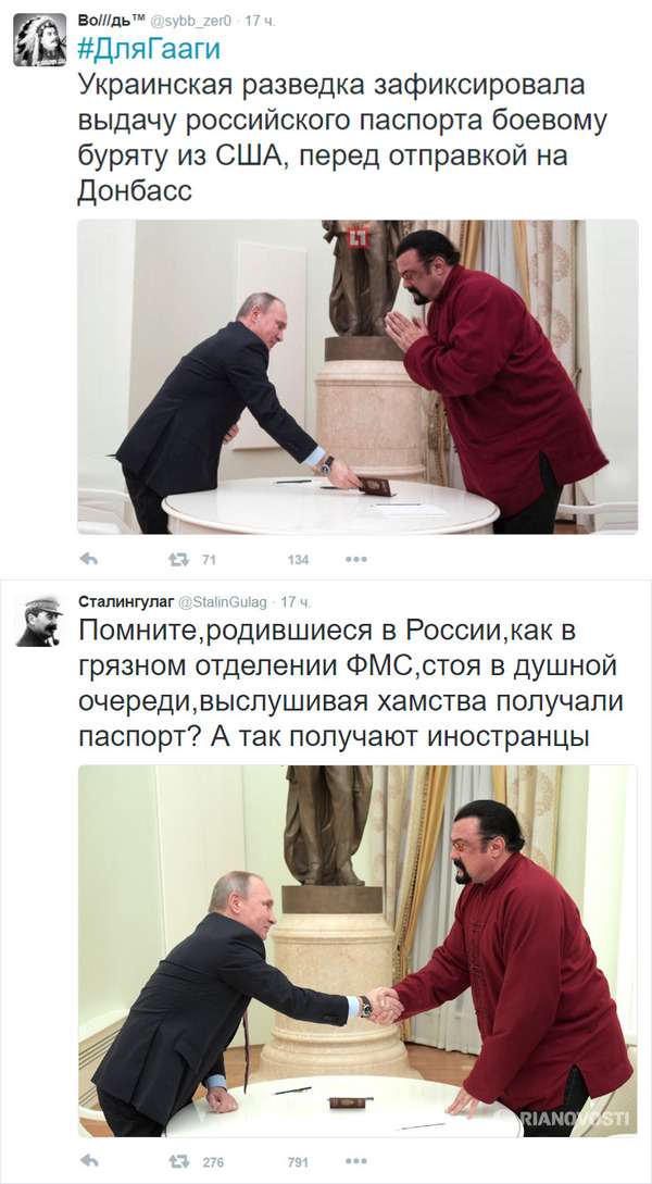 One clue, 2 Stalins, 2 points of view - Vladimir Putin, Steven Seagal, The passport, Citizenship, Politics, Stalingulag, Leader, Twitter