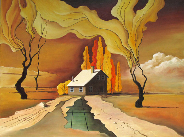 AUTUMN GOLD. 2014 Oil on canvas. 80 x 60 cm. - My, Autumn, House, Farm, Surrealism, Clouds