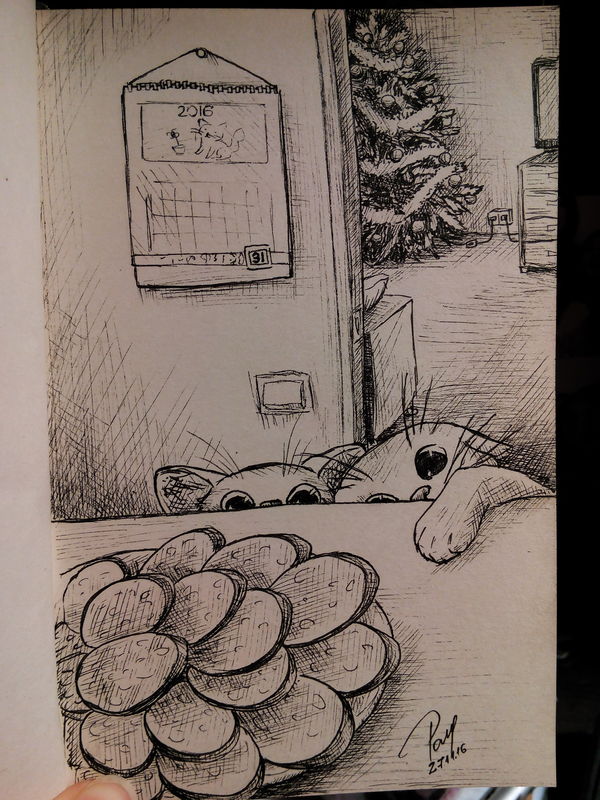 No strength to wait - My, Drawing, Art, Creation, cat, Sausage, Thief, New Year, 1page1day