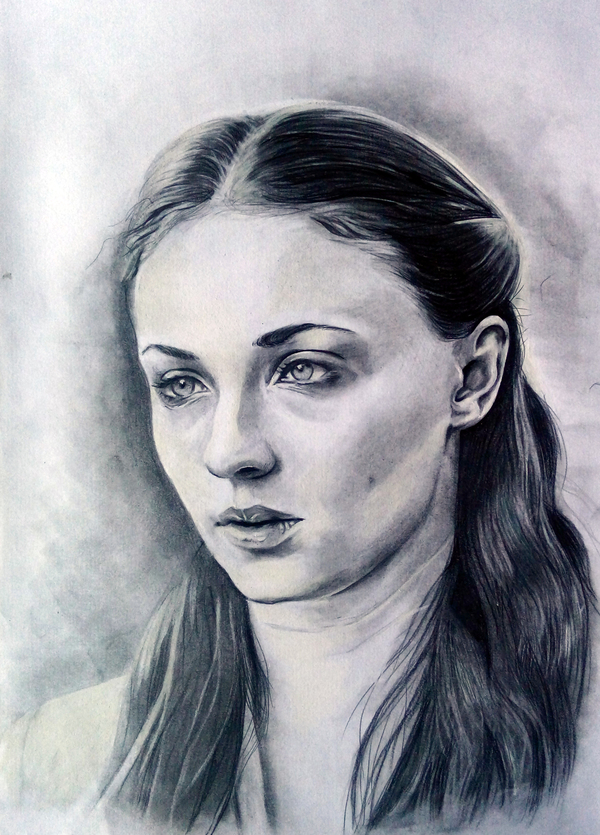 Sansa Stark (Sophie Turner), plain pencil, white pencil, A4. - Art, Pencil drawing, Drawing, Portrait, Sophie Turner, Sansa Stark, Game of Thrones, My