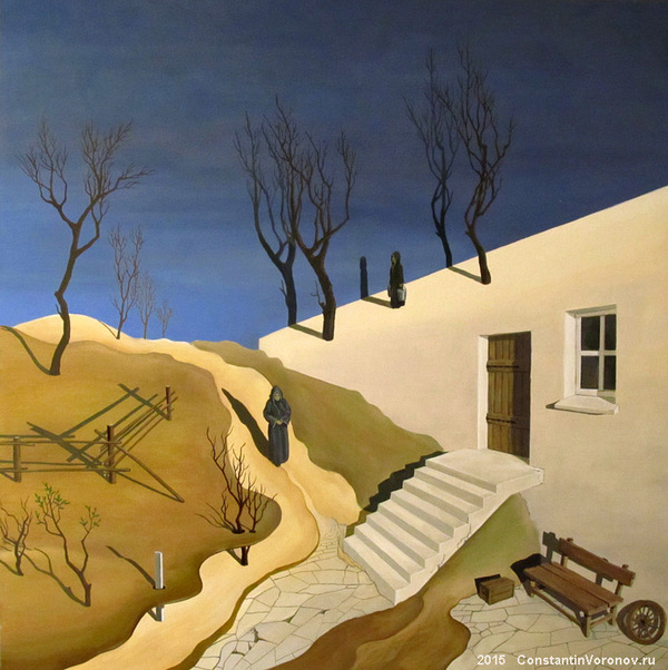PORCH WITH A WINDOW TO THE GARDEN, 2014 Oil on canvas. 80 x 80 cm. - My, Courtyard, Porch, Monks, Landscape, Surrealism, Painting