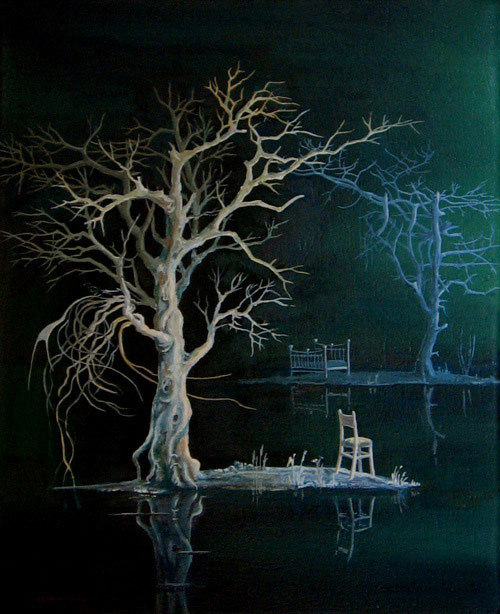 DARK WATER. 2010 Oil on canvas. 48 x 55 cm. - My, Water, Reflection, Tree, Chair, Island, Painting, Painting