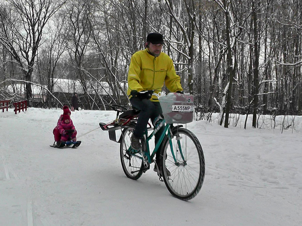 Bicycle + snow scooter = lots of fun - A bike, Snowcat, Entertainment, Joy, Snow, Winter, Sport, Attraction