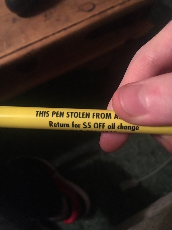 The auto shop knows you're stealing their knobs and is offering an oil change discount for returning them. - Pen, Theft, Savvy, Discounts, Car shop, Theft