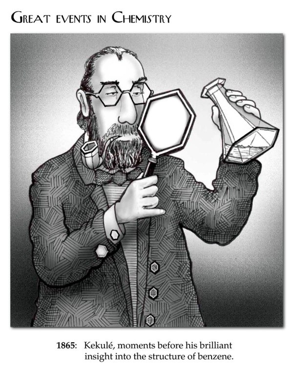 Kekule on the verge of discovering the structural formula of benzene - League of chemists, Chemistry, Opening, Benzene, Hexagon, The bayanometer is silent