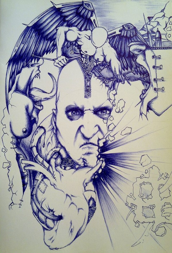 Self destruction... - NSFW, My, Drawing, Pen, Trash, Heart, Graphics, Work, Abstraction