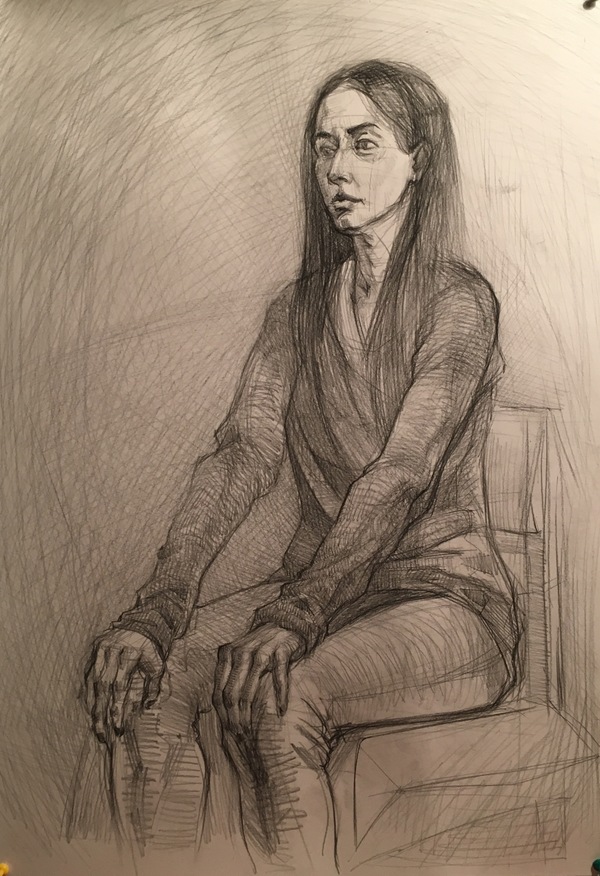 Female portrait - My, Drawing, Portrait, Sketch, Sketch, Coal