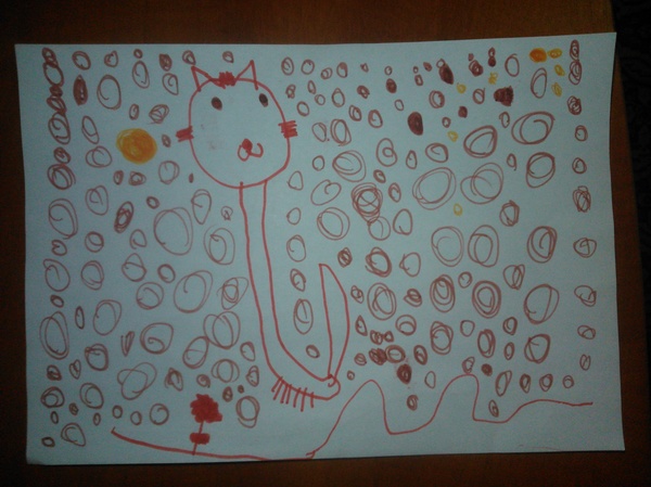 Cat and starry sky. - My, Drawing, Felt-tip pen, Daughter, Artist, Night, moon, cat, Star