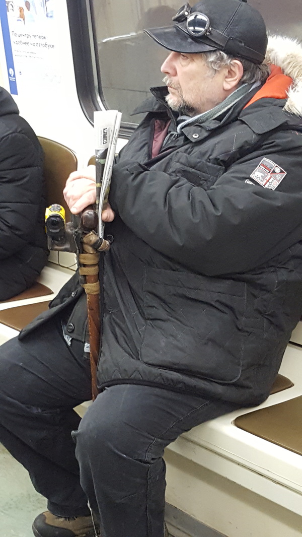 Today I saw this guy on the subway. - Cane, Action camera, Metro, Moscow, Oddities, Longpost