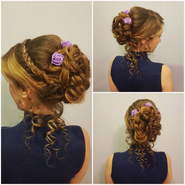 Hairstyle of hair voluminous bunch of curls and 4-strand braid weaving - My, Прическа, Hair, Scythe, Weaving, Pigtails, Bunch, Curls, Care