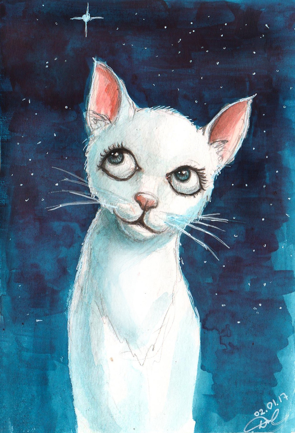 white kitty - My, cat, Watercolor, Drawing, My