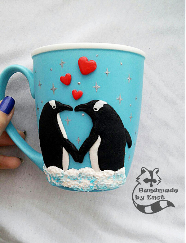 Another mug with penguins in love went to St. Petersburg :) - My, Polymer clay, Handmade, Кружки, Decor, Penguins, , , Longpost