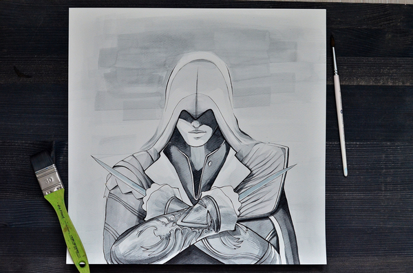 Assassin - My, Watercolor, Art, Drawing, Artist, Assassin, Drawing with paints