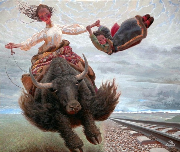 Flying Tibet. - Rails, Girls, Children, Flight, Animals, Illustrations, Art