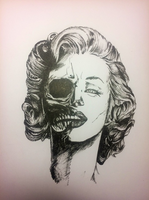 Marilyn Monroe Art - My, Drawing, Pen drawing, Art, Marilyn Monroe, Art, Marker, Scull, Black and white