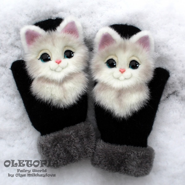 fluffy mittens) - My, Mittens, cat, Owl, Creation, With your own hands, Artificial fur, Needlework