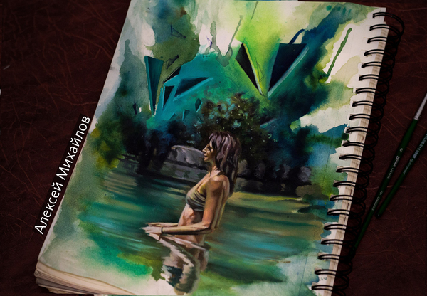Girl in the lake - drawing. Oil paints and watercolor - My, Drawing, Watercolor, Art, Artist, Paint, Girls, Lake, Water