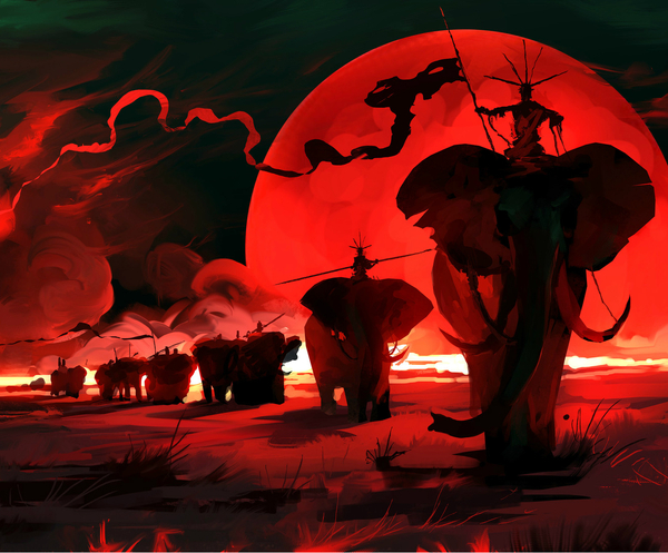 Red Moon. - moon, Caravan, Elephants, Digital, Fantasy, Art